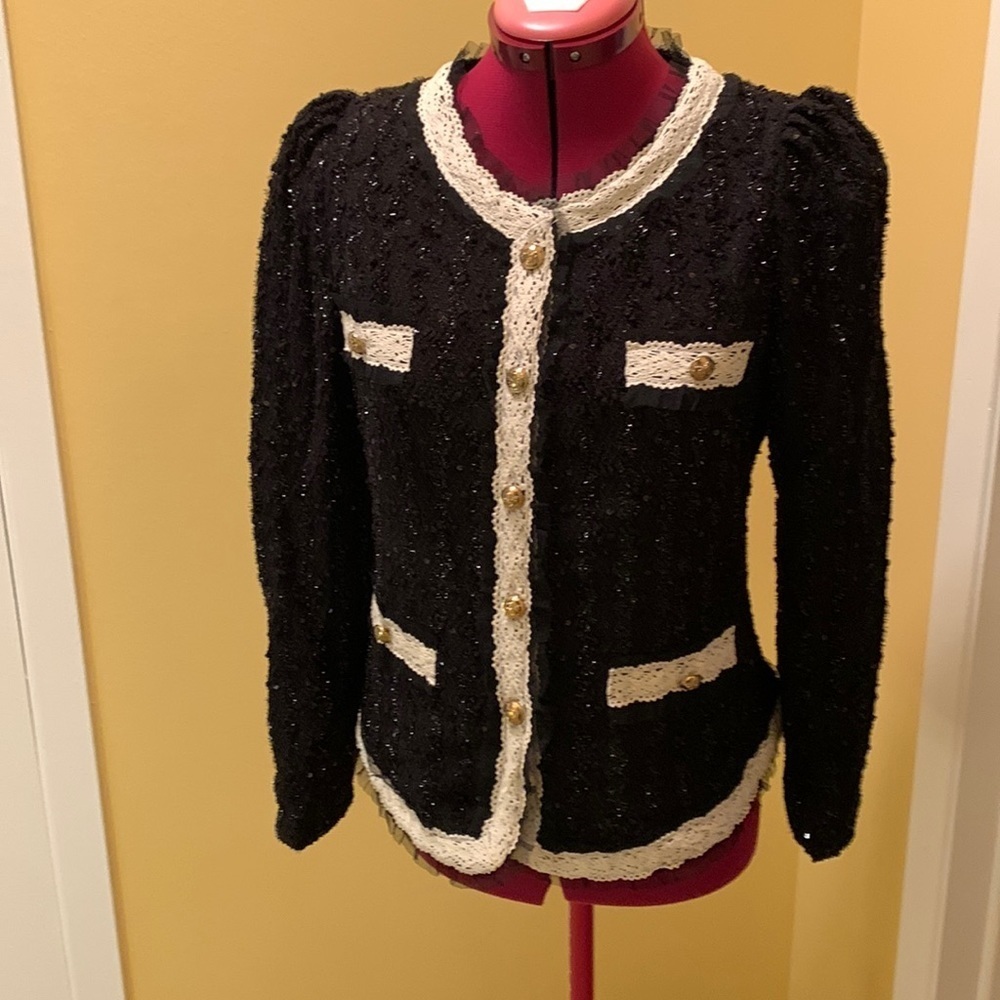 Minyyiny Elegant Black Sequin Knit Jacket Contrast Lace Trim Timeless Parisian